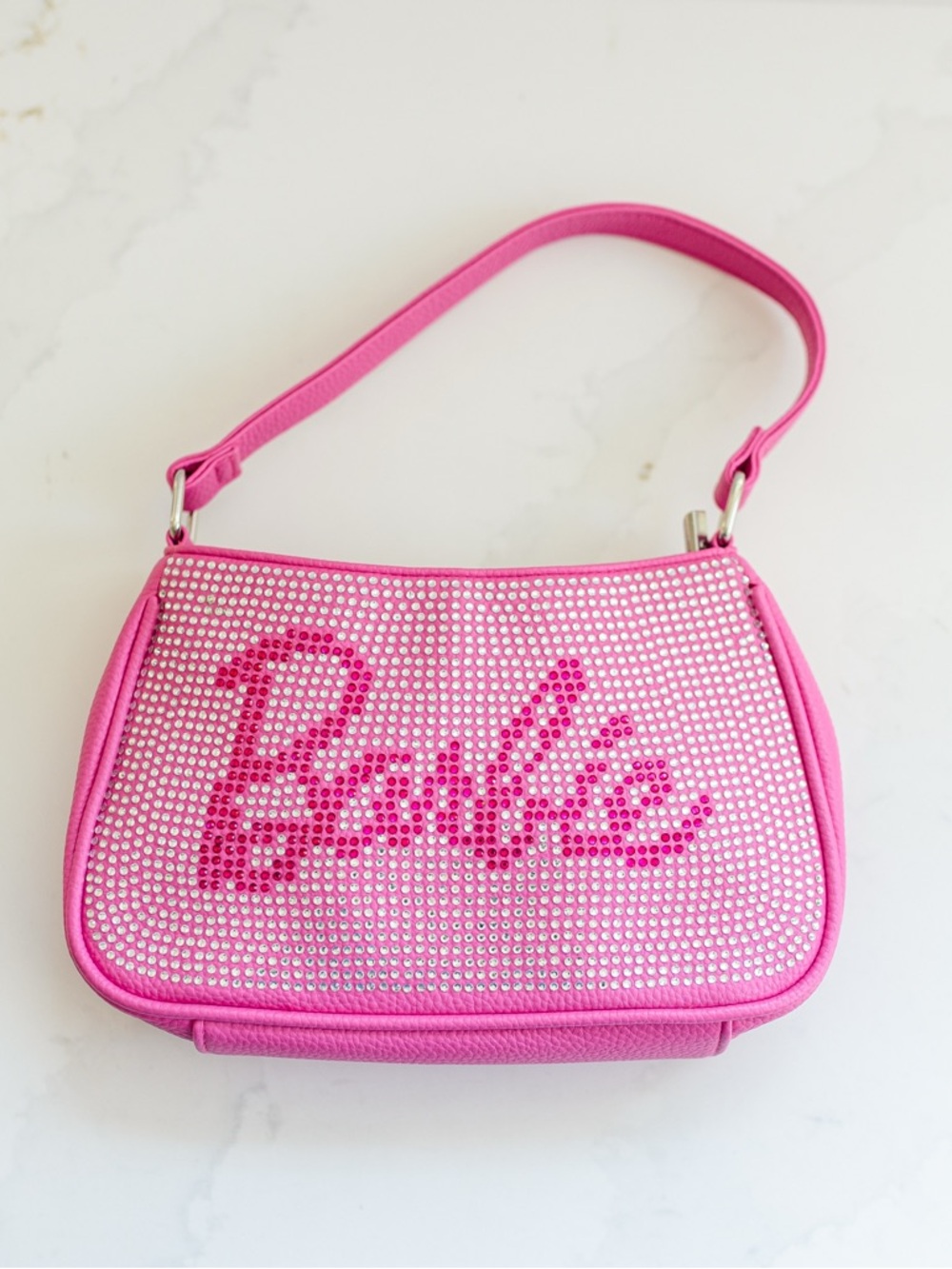 Barbie Pink Rhinestone Logo Shoulder Bag Chain Strap Designer Party Rectangle